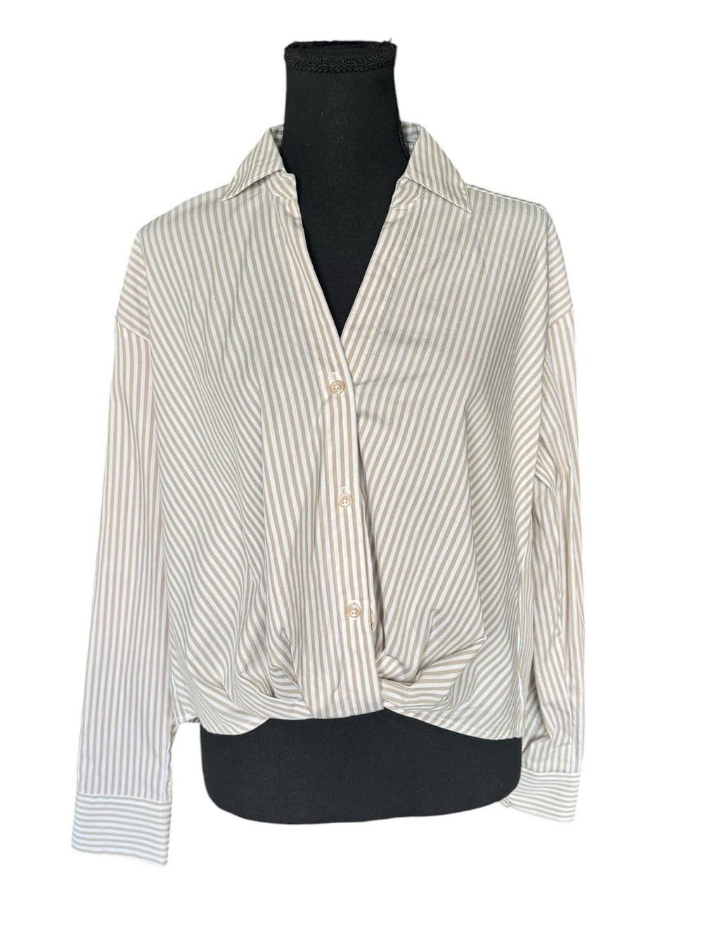 Evereve Beige Stripe Button Down Twist Hem Blouse Coastal Grandmother Preppy S